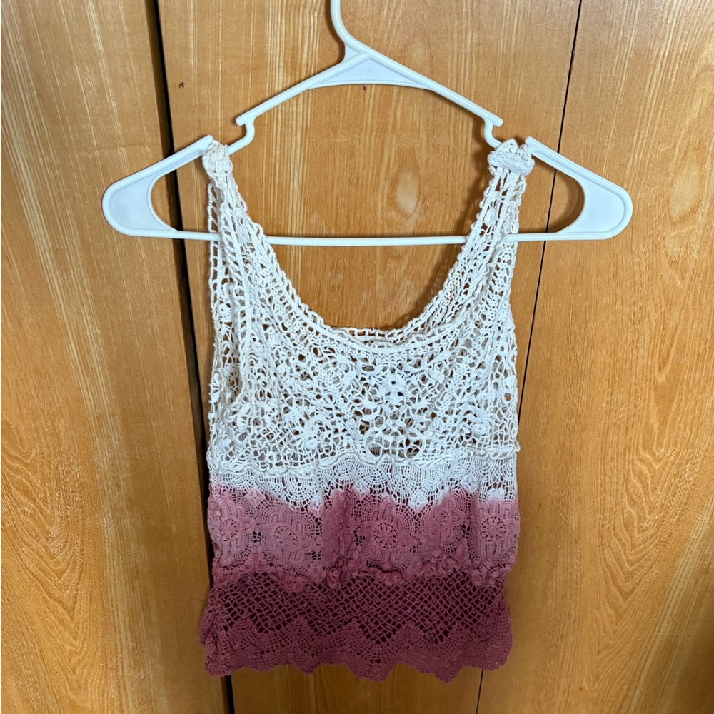 American Eagle Outfitters Crochet Lace Tank Top - White and Pink Ombre